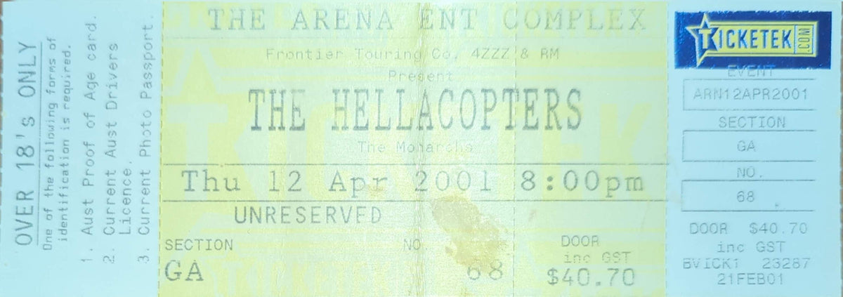 Hellacopters - 2001 Original Vintage Concert Ticket Seat #68