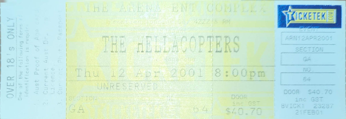 Hellacopters - 2001 Original Vintage Concert Ticket Seat #64