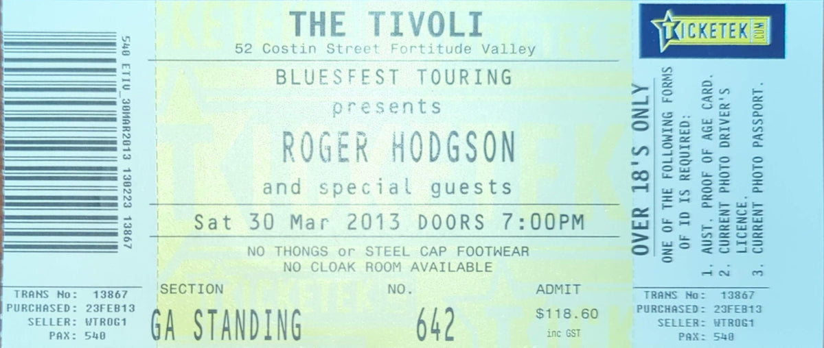 Roger Hodgson - 2013 Original Vintage Concert Ticket Seat #642