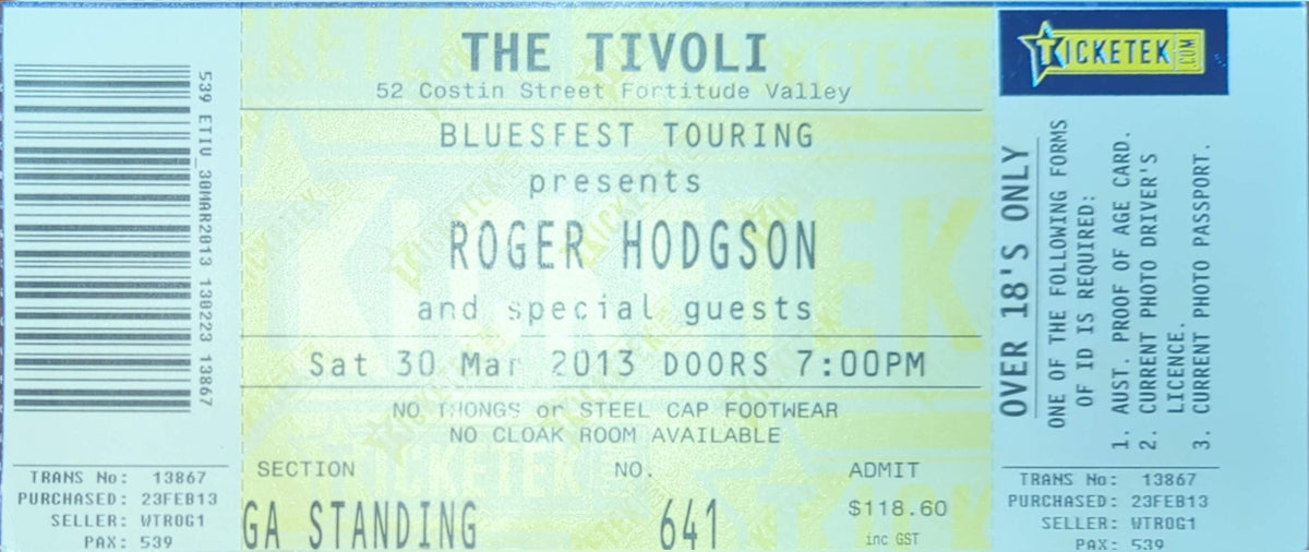 Roger Hodgson - 2013 Original Vintage Concert Ticket Seat #641