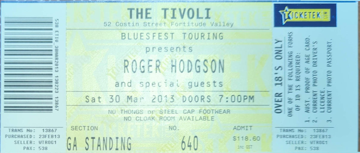 Roger Hodgson - 2013 Original Vintage Concert Ticket Seat #640