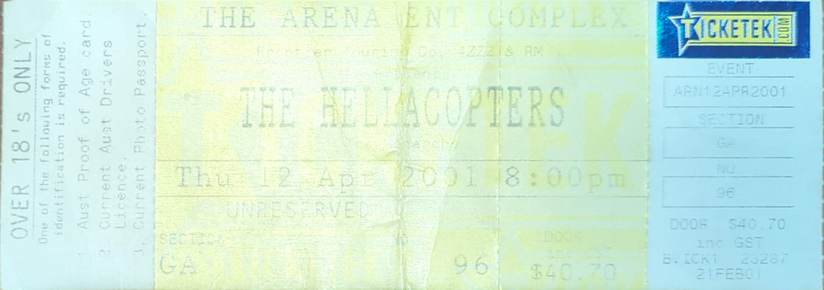 Hellacopters - 2001 Original Vintage Concert Ticket Seat #96