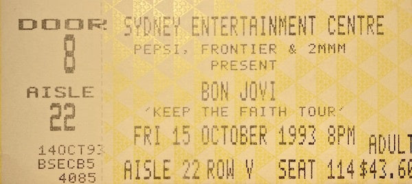 Bon Jovi - Vintage Concert Ticket - Sydney 1993