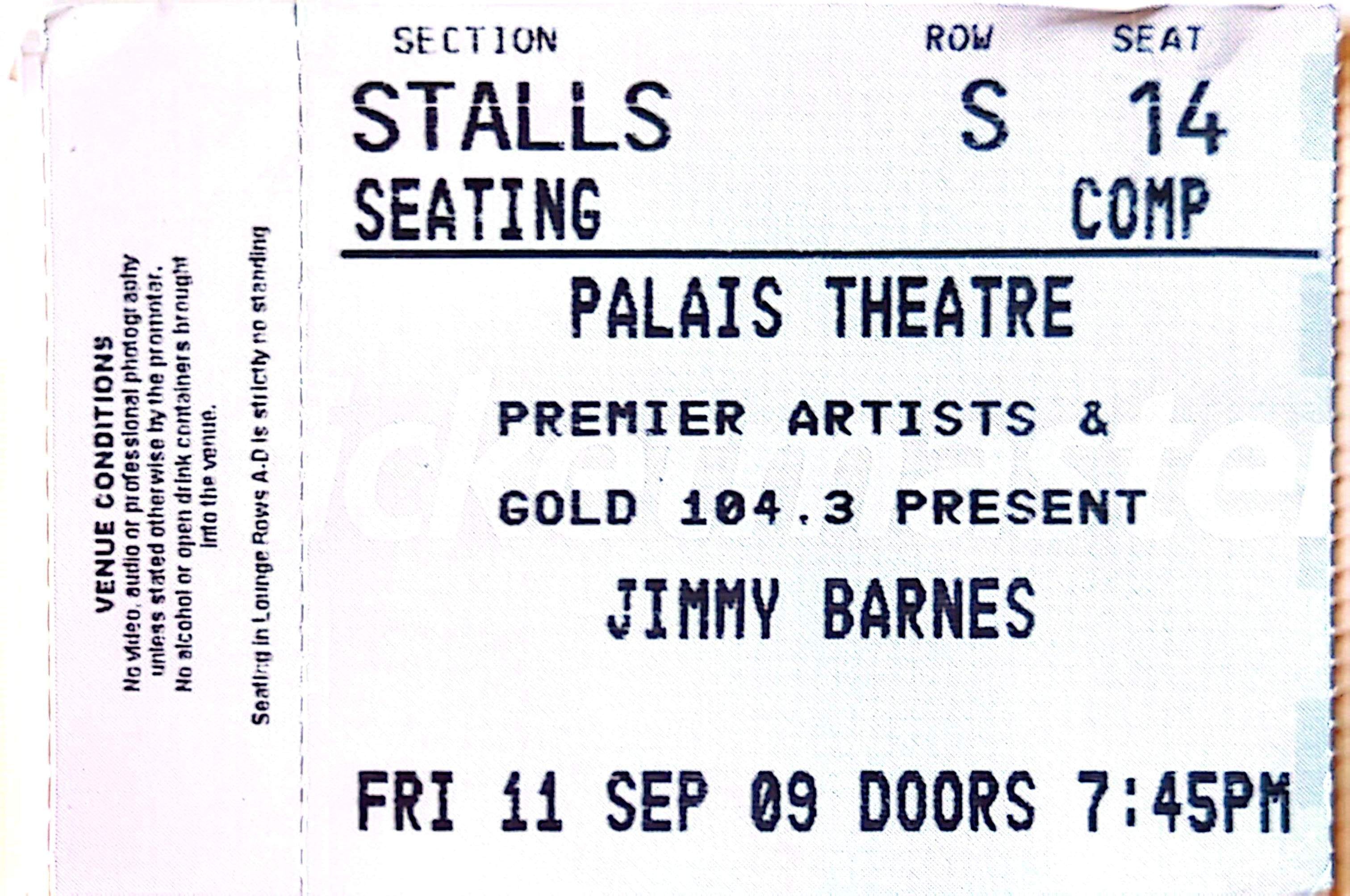 Jimmy Barnes - 2009 Original Vintage Concert Ticket Seat 14