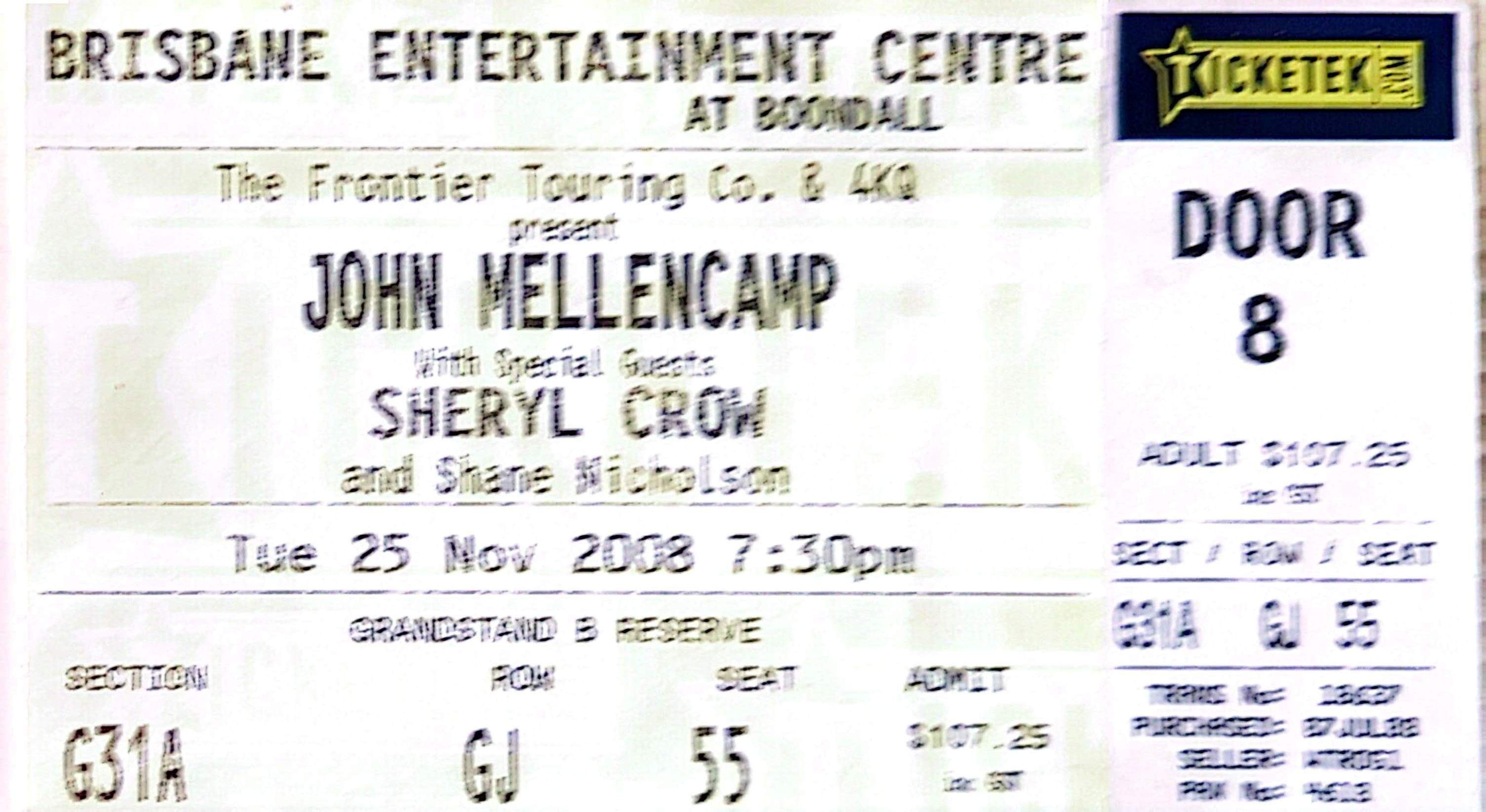John Mellencamp - 2008 Original Vintage Concert Ticket Seat 55