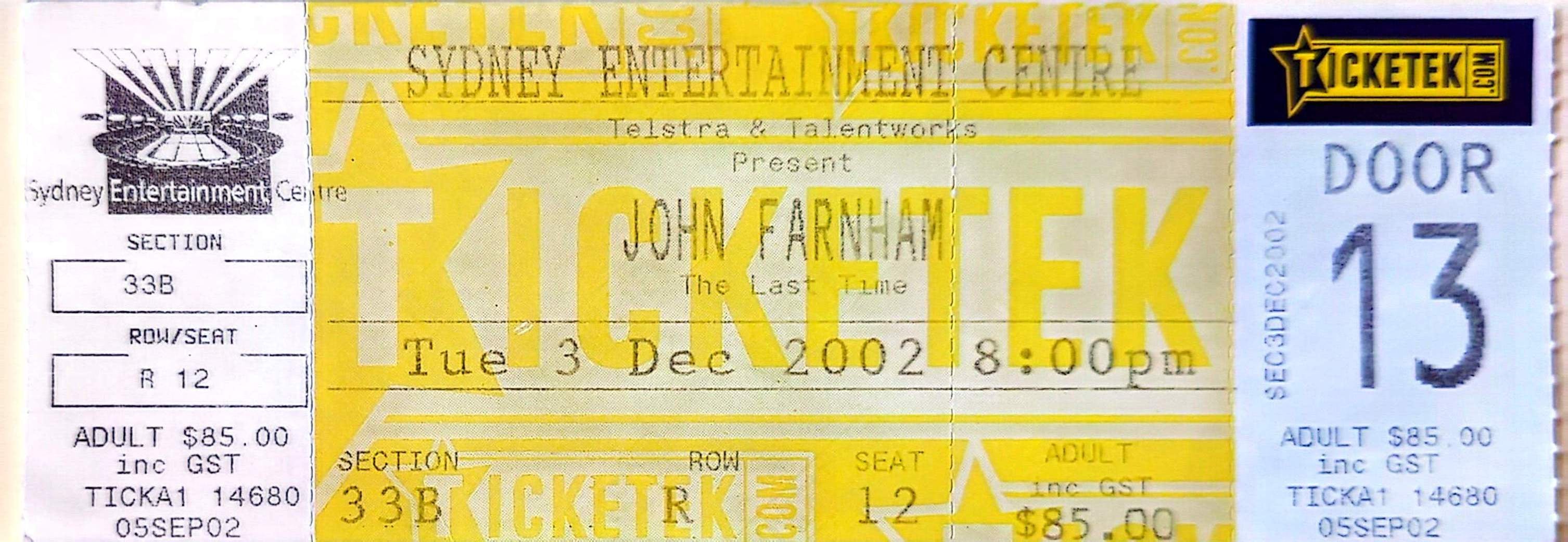 John Farnham - 2002 Original Vintage Concert Ticket Seat 12