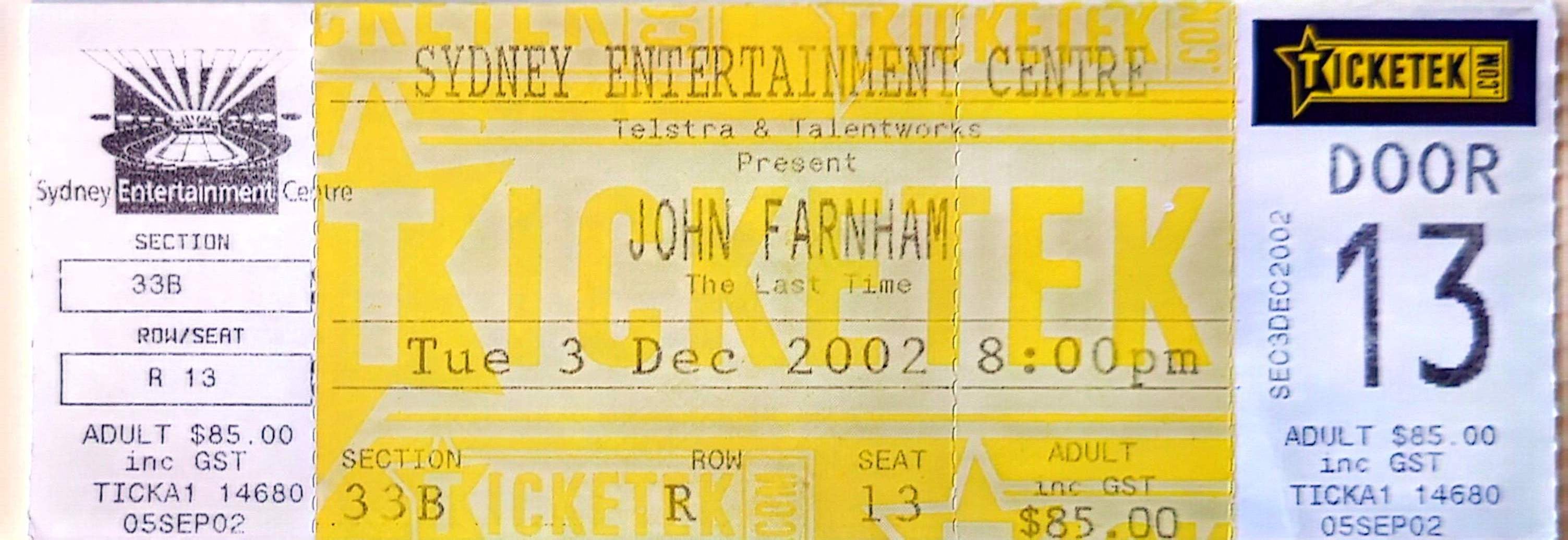 John Farnham - 2002 Original Vintage Concert Ticket Seat 13