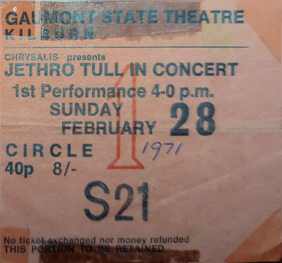 Jethro Tull - 1971 Original Vintage Concert Ticket Seat #S21