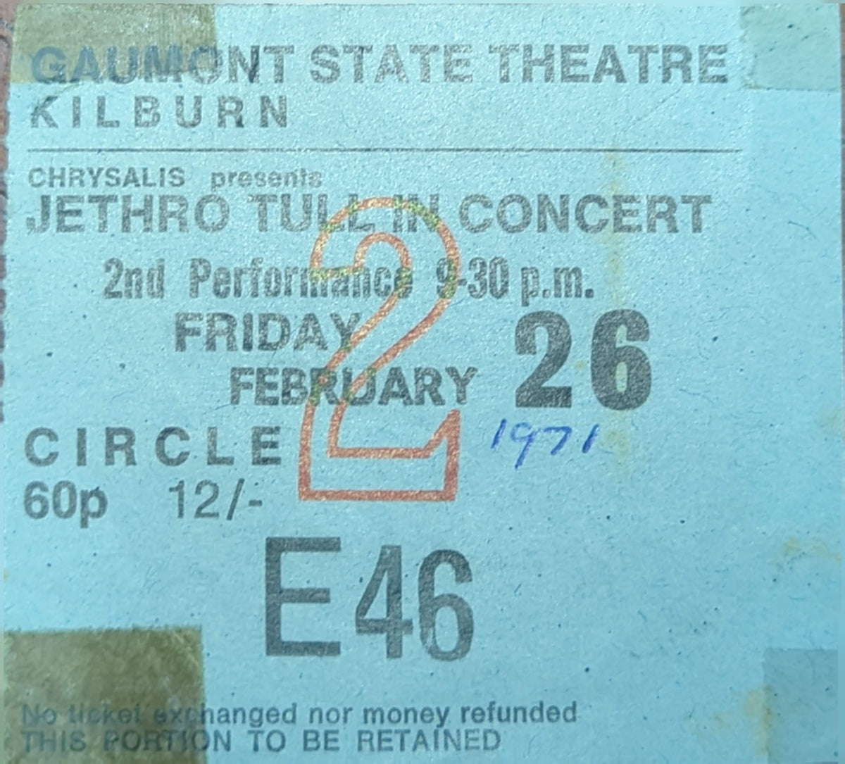 Jethro Tull - 1971 Original Vintage Concert Ticket Seat #E46