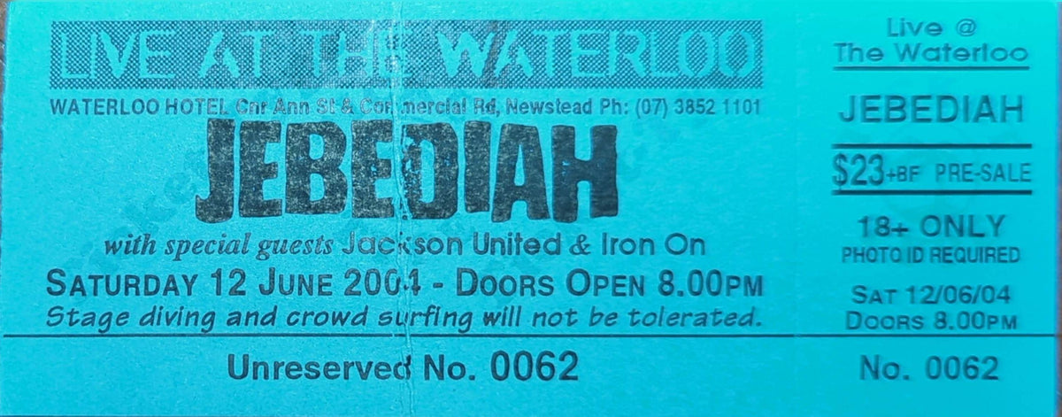 Jebediah - 2004 Original Vintage Concert Ticket Seat #0062