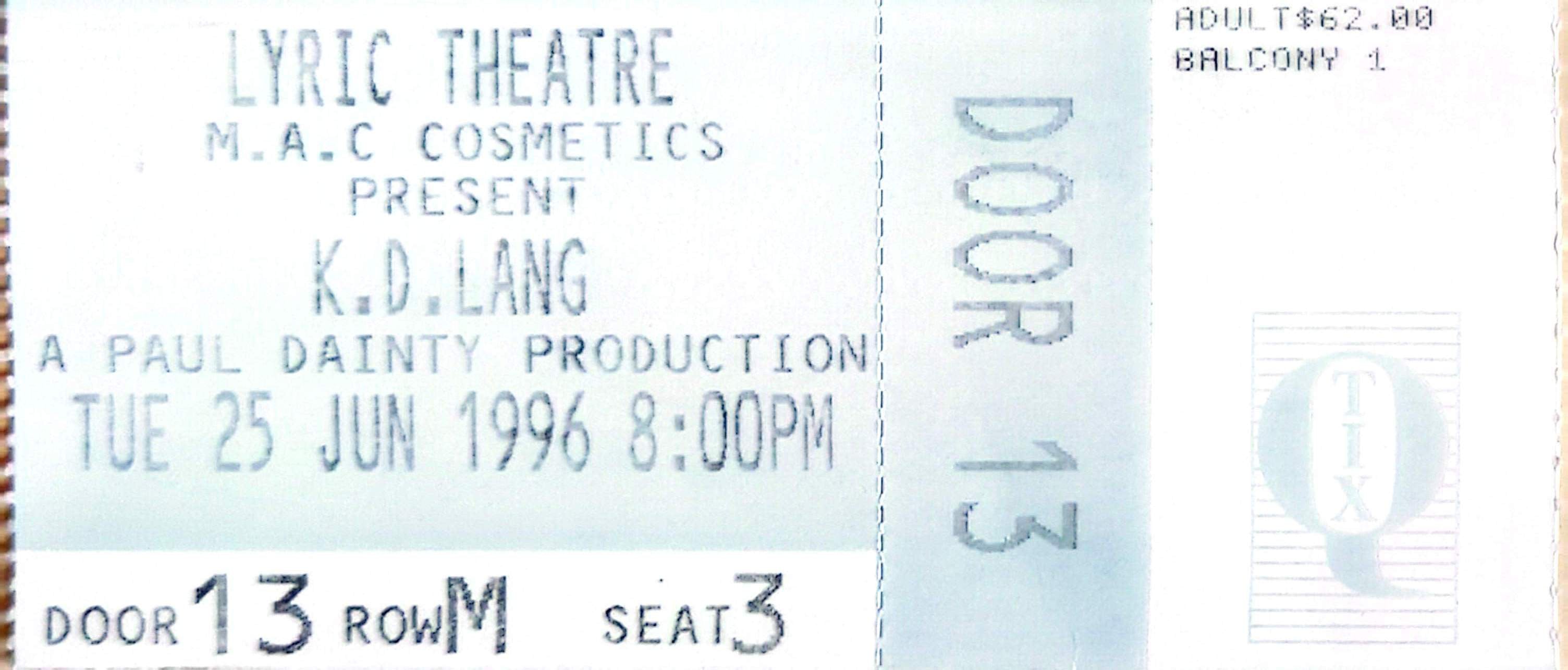 K.d Lang - 1996 Original Vintage Concert Ticket Seat 3