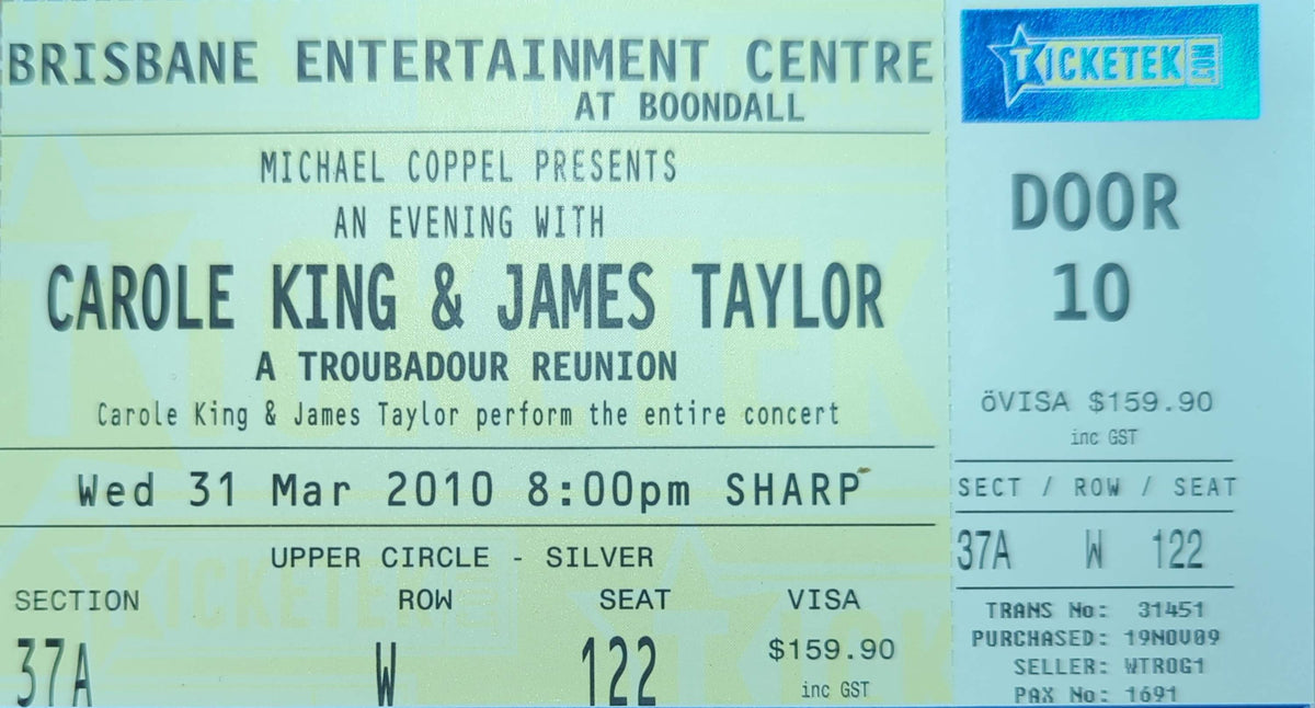 Carole King & James Taylor - 2010 Original Vintage Concert Ticket Seat #122