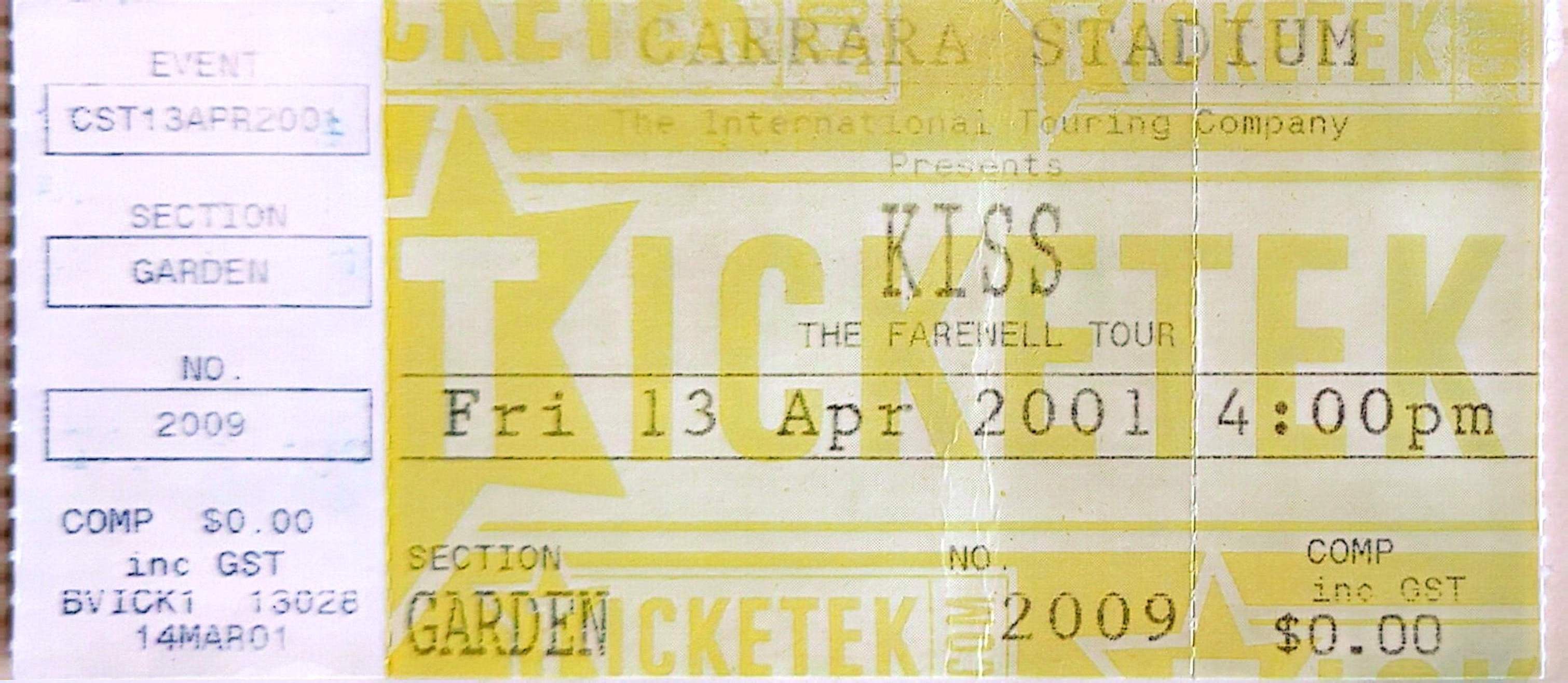 Kiss -2001 Original Vintage Concert Ticket Seat 2009