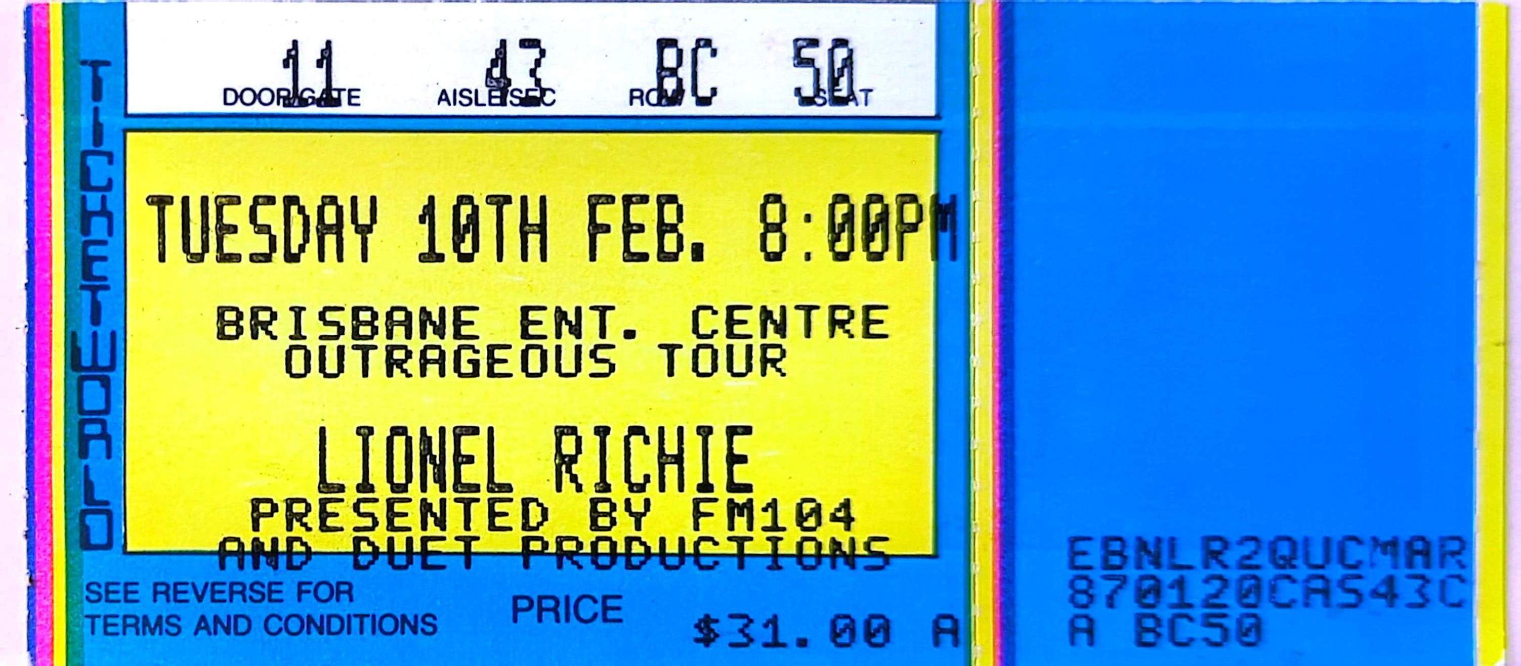 Lionel Ritchie - 1987 Original Vintage Concert Ticket Seat 50