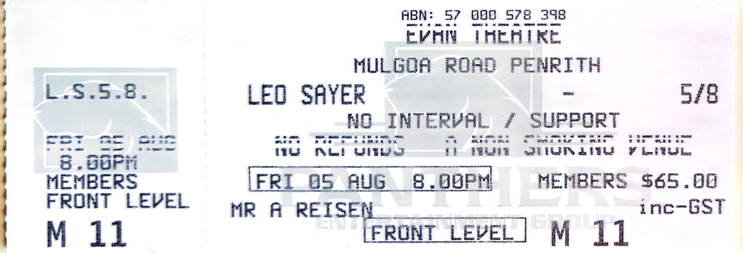 Leo Sayer - 2005 Original Vintage Concert Ticket Seat 11