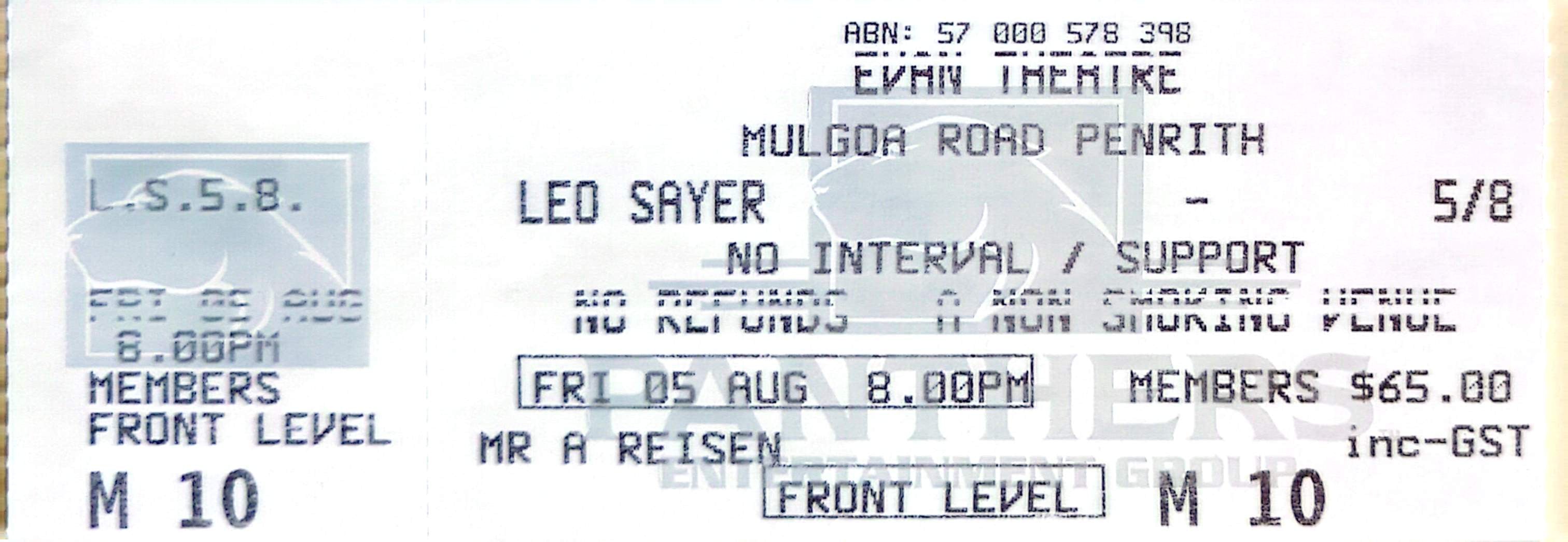 Leo Sayer - 2005 Original Vintage Concert Ticket Seat 10