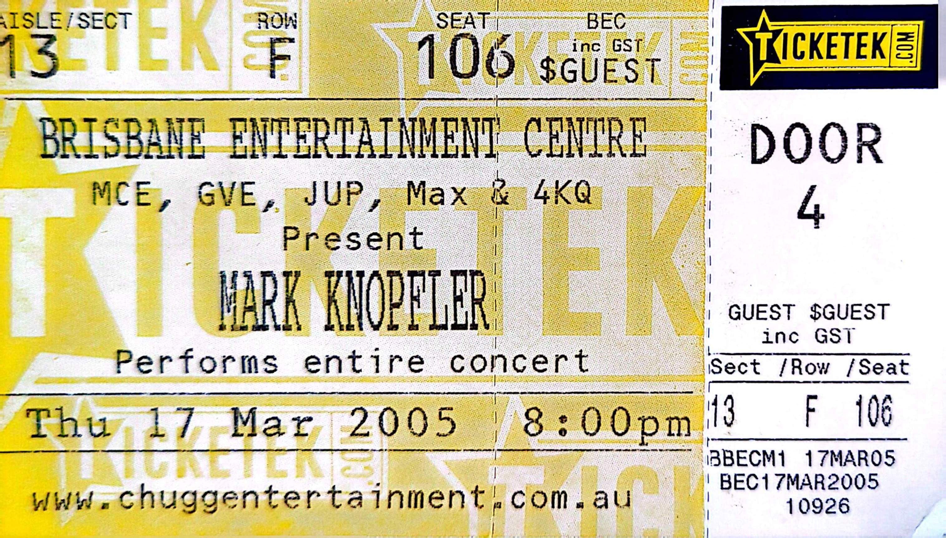Mark Knopfler - 2005 Original Vintage Concert Ticket Seat 106