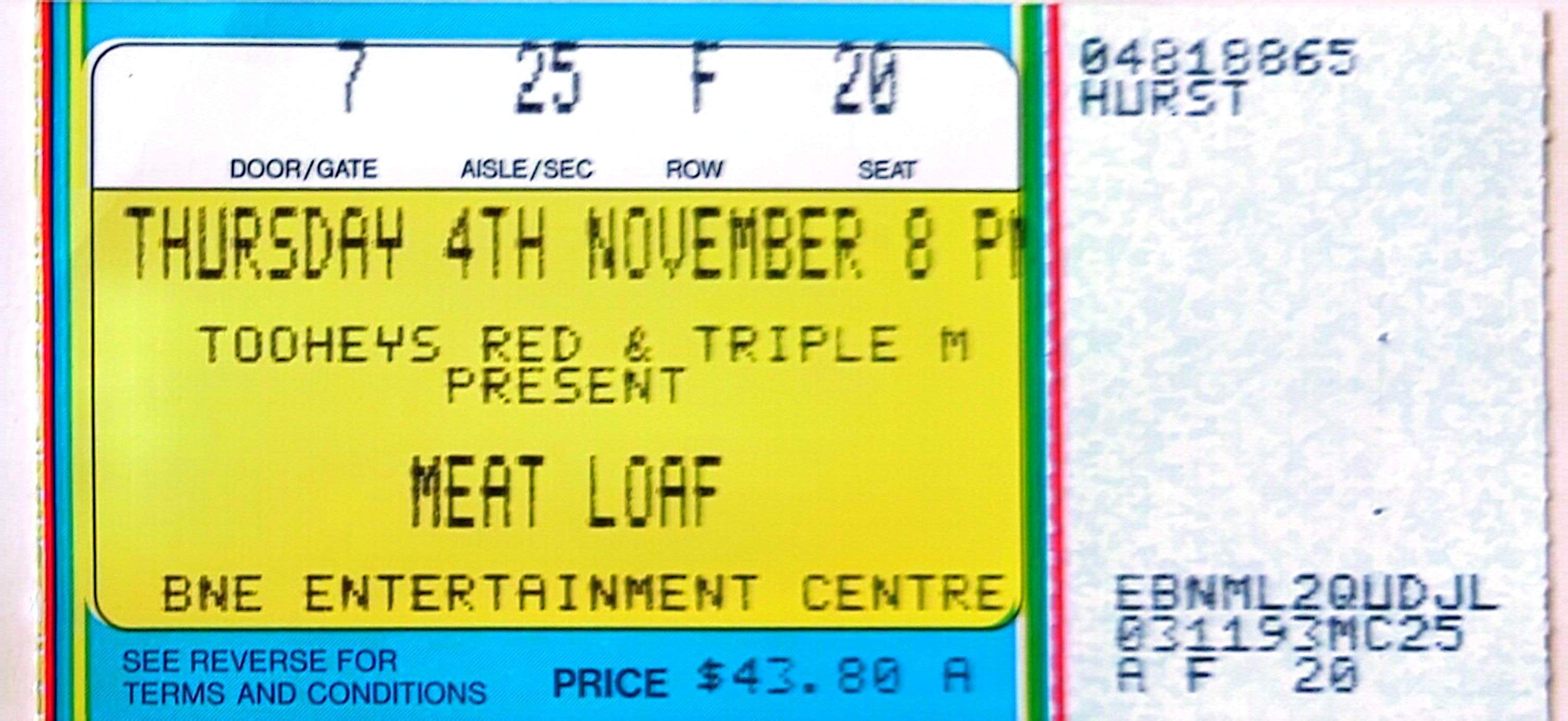 Meat Loaf - 1993 Original Vintage Concert Ticket Seat 20