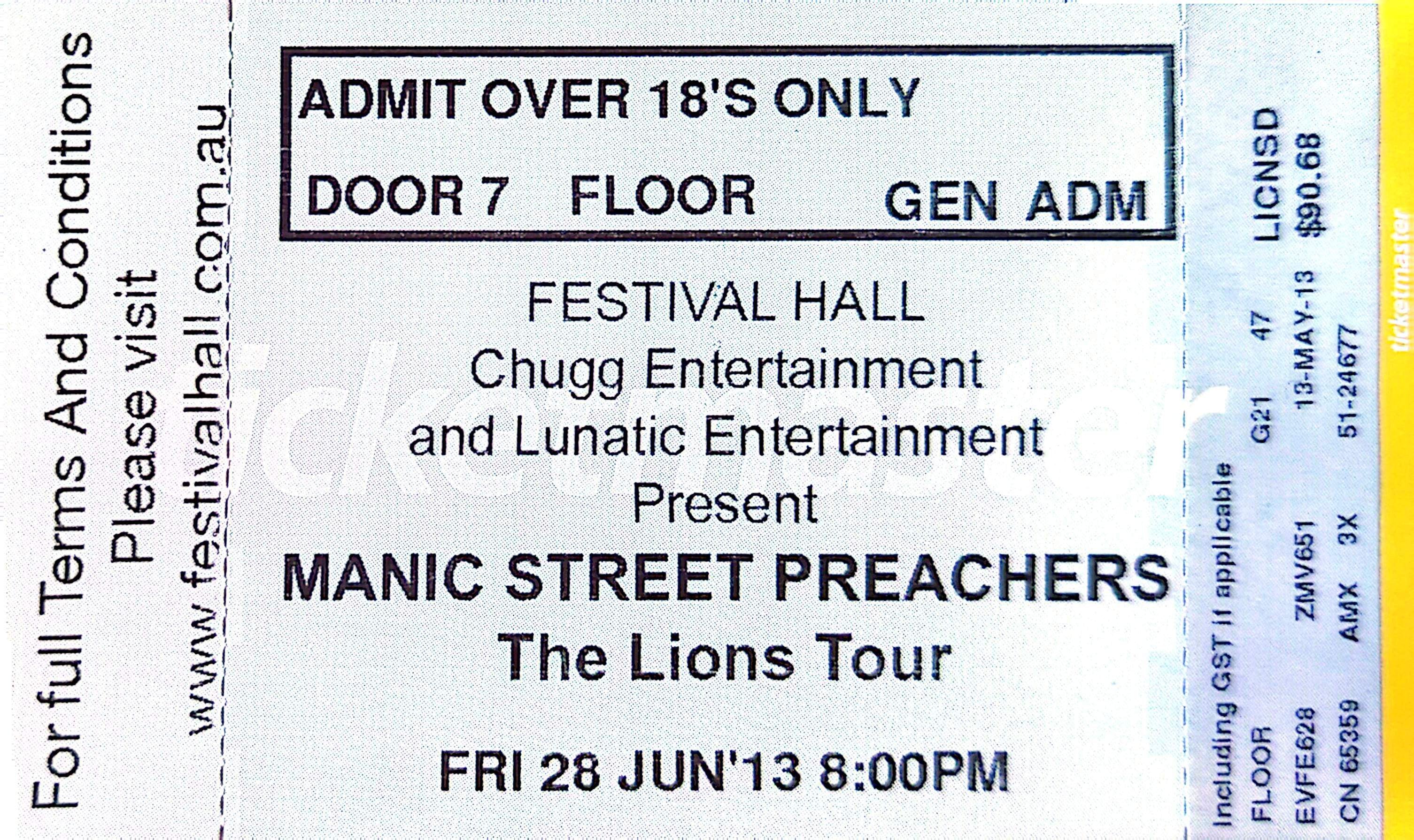 Manic Street Preachers - 2013 Original Vintage Concert Ticket GA