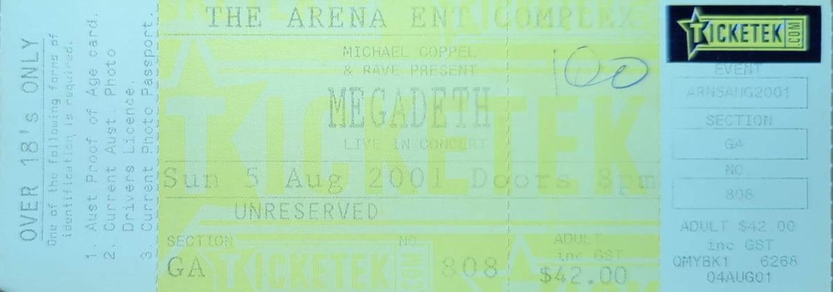 Megadeath - 2001 Original Vintage Concert Ticket Seat #808
