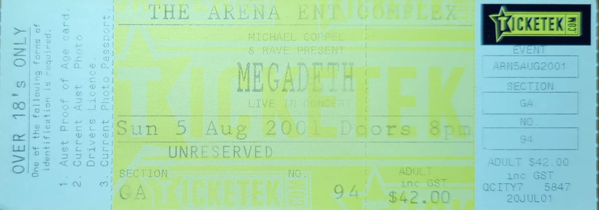 Megadeath - 2001 Original Vintage Concert Ticket Seat #94