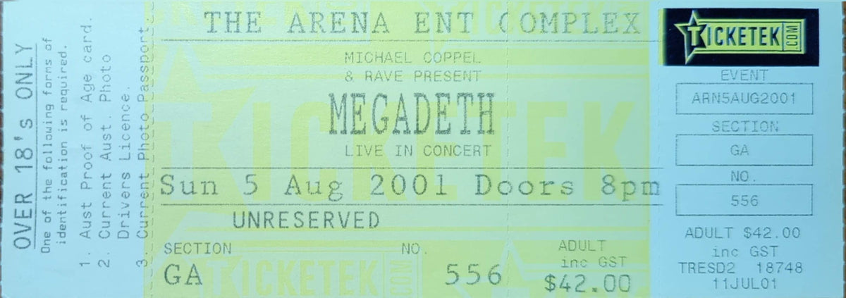 Megadeath - 2001 Original Vintage Concert Ticket Seat #556