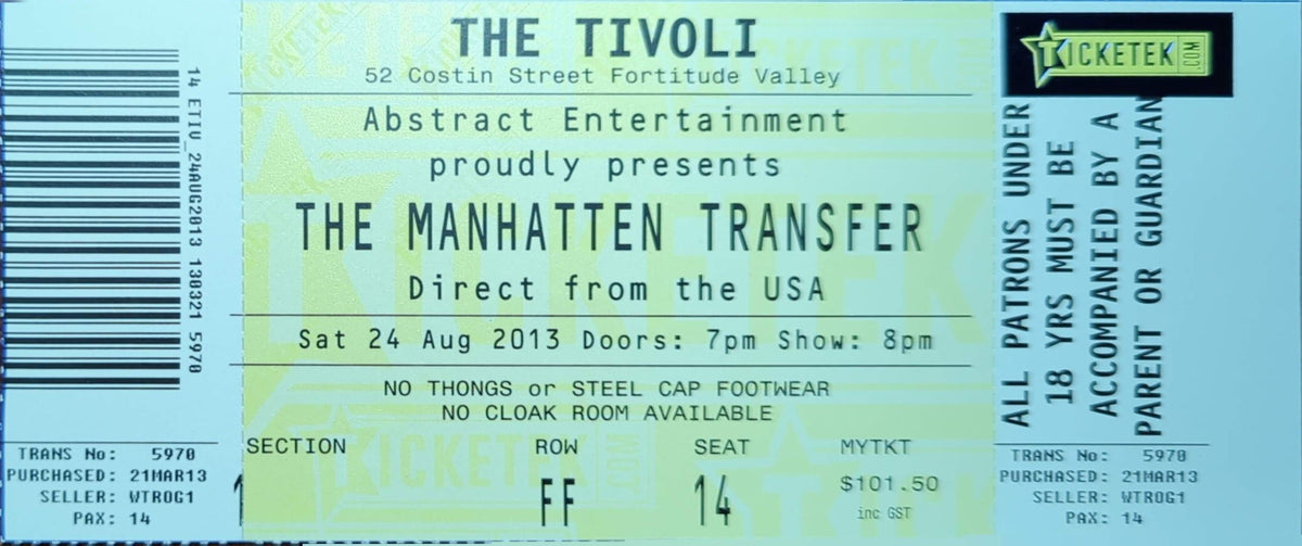 Manhatten Transfer - 2013 Original Vintage Concert Ticket Seat #FF14