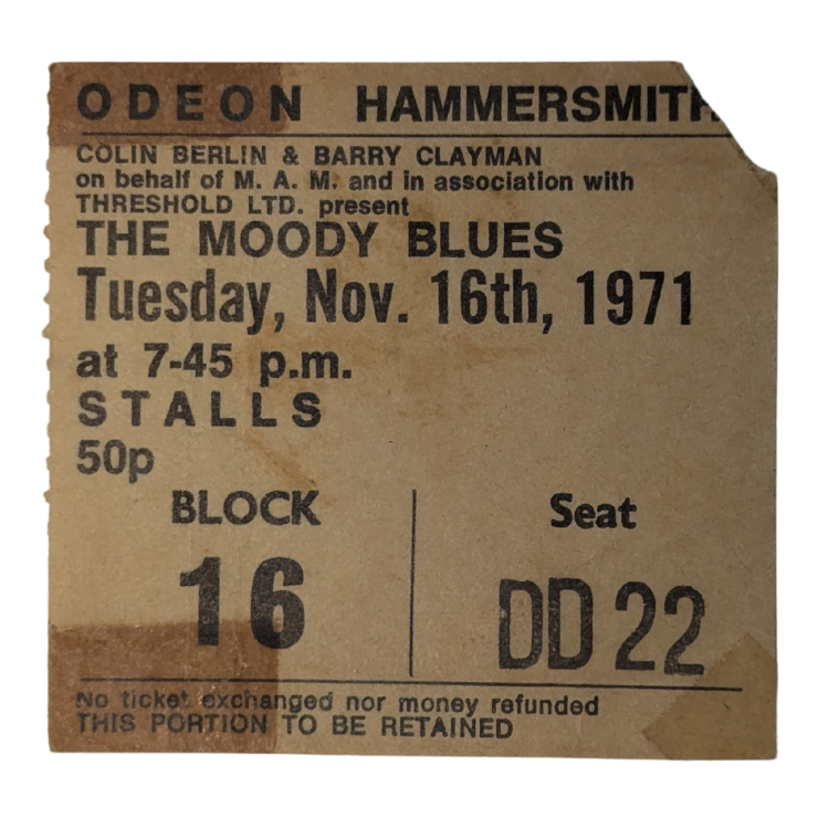 The Moody Blues -1971 Tour Original Vintage Concert Ticket