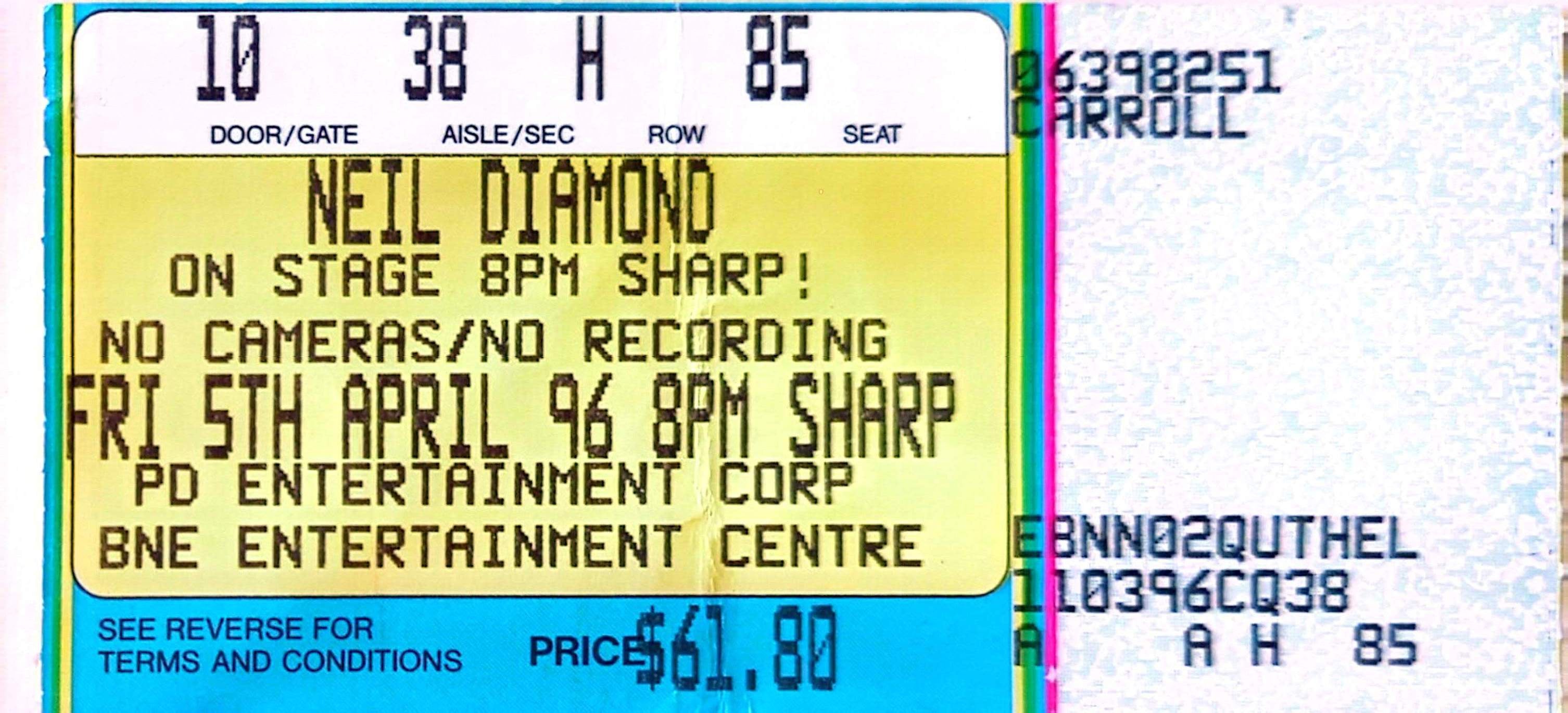 Neil Diamond - 1996 Original Vintage Concert Ticket Seat 85