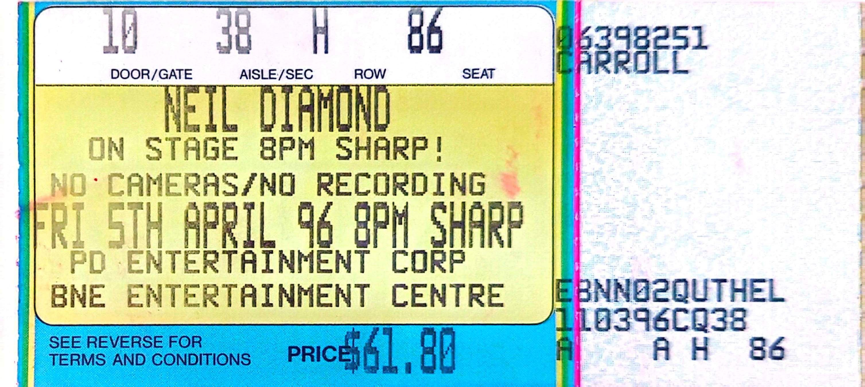 Neil Diamond - 1996 Original Vintage Concert Ticket Seat 86