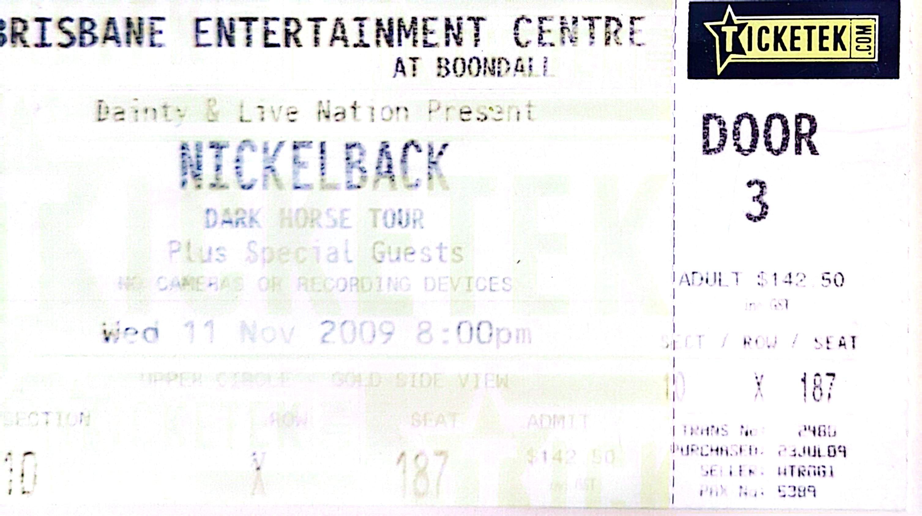 Nickelback - 2009 Original Vintage Concert Ticket Seat 187