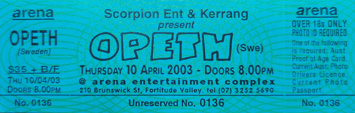 Opeth - 2003 Original Vintage Concert Ticket Seat #0136