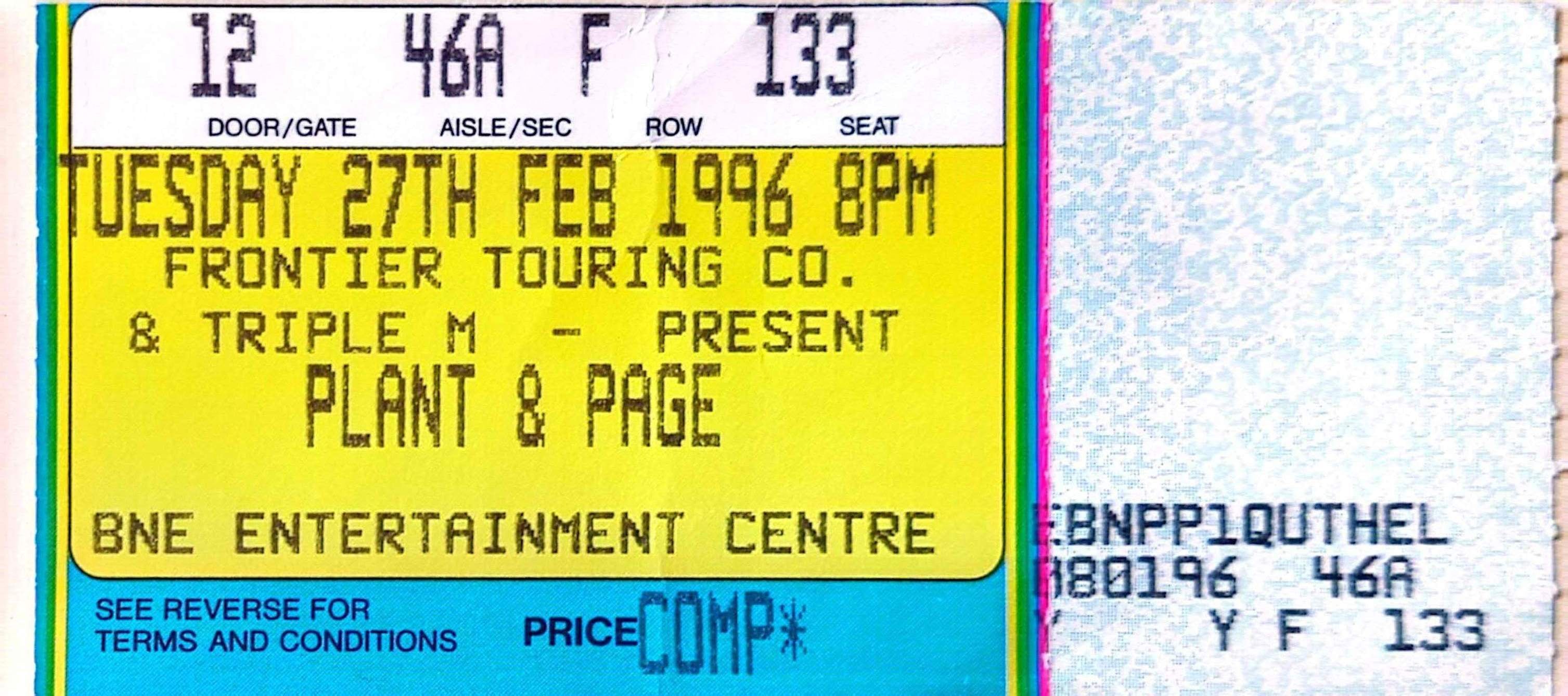 Plant & Page - 1996 Original Vintage Concert Ticket Seat 133
