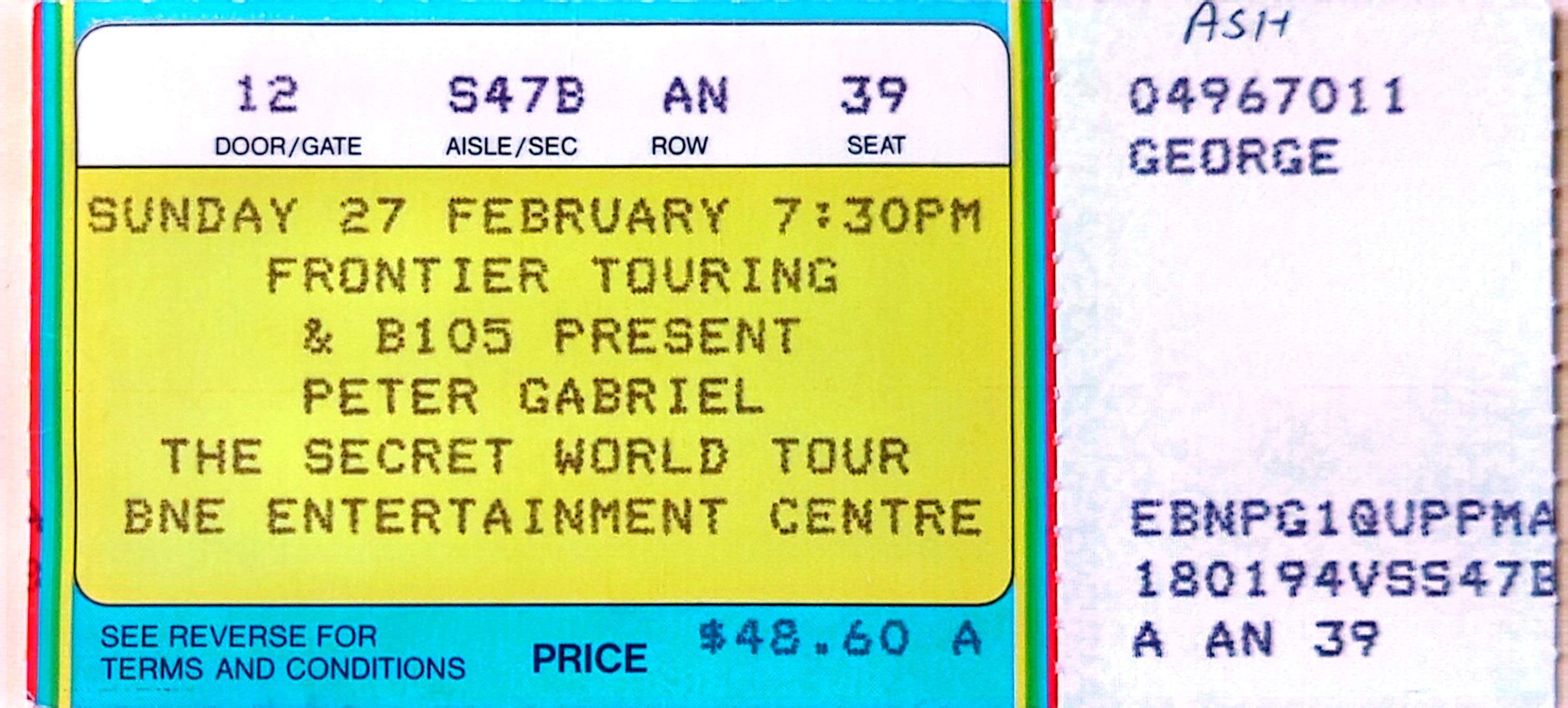 Peter Gabriel - 1994 Original Vintage Concert Ticket Seat 39