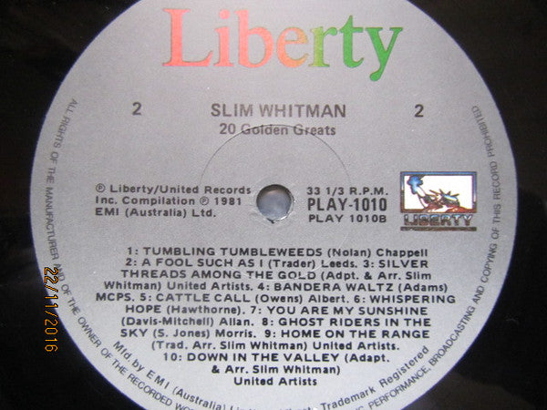 Slim Whitman - 20 Golden Greats Vinyl LP (Used)