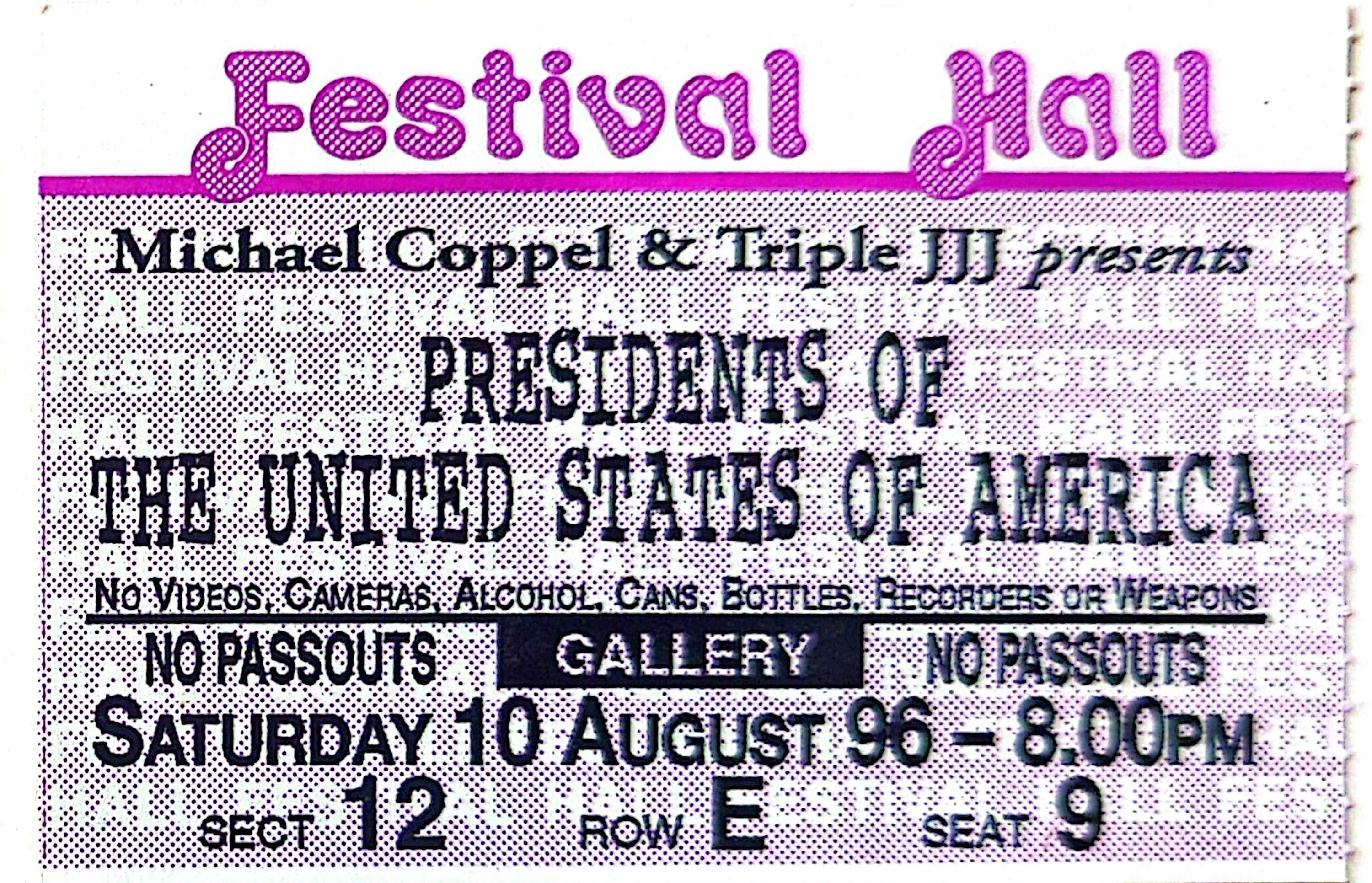 Presidents Of The United States Of America - 1996 Original Vintage Concert Ticket Seat 9