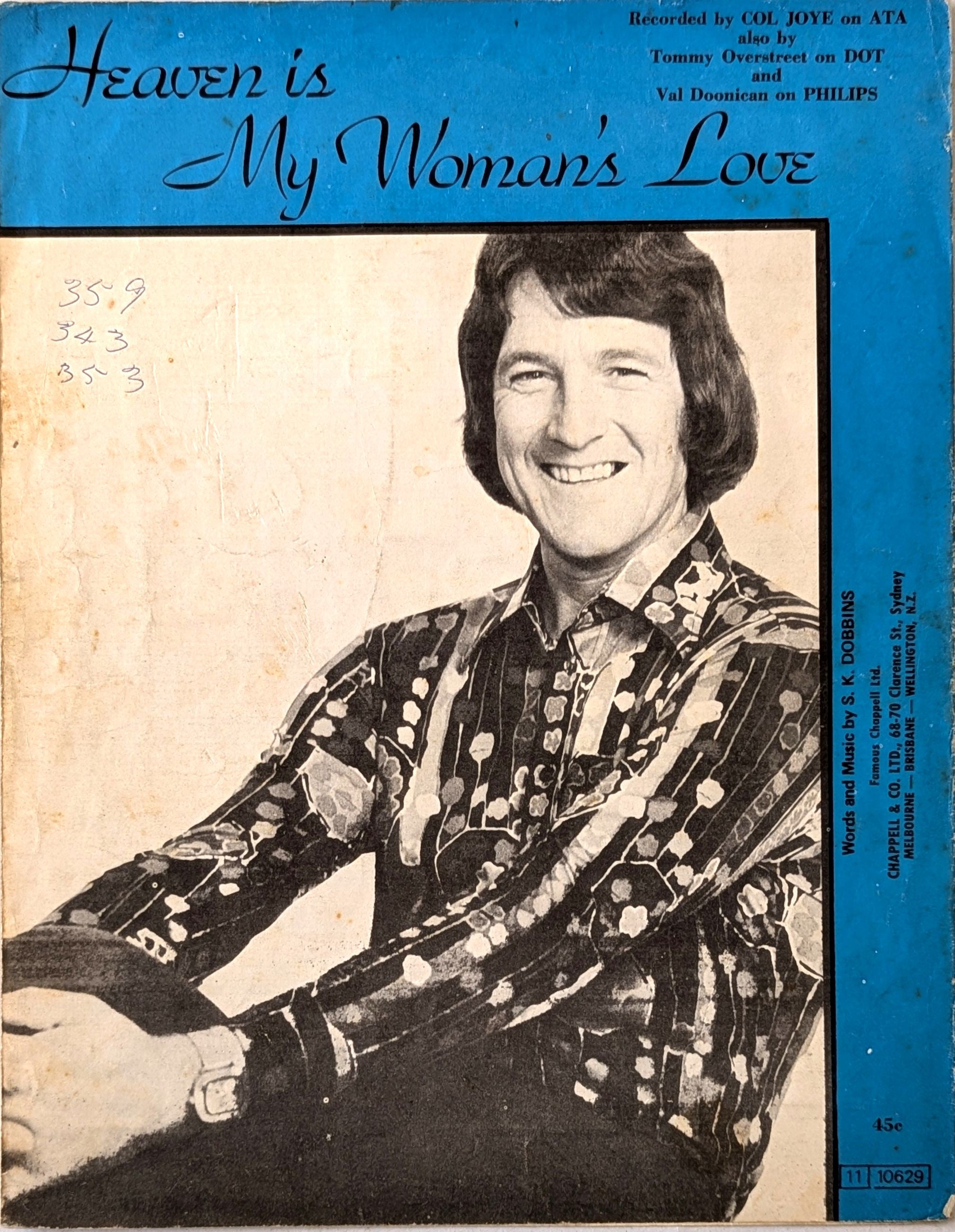 Col Joye - Heaven Is My Woman's Love 1972 Australian Sheet Music (Vintage)