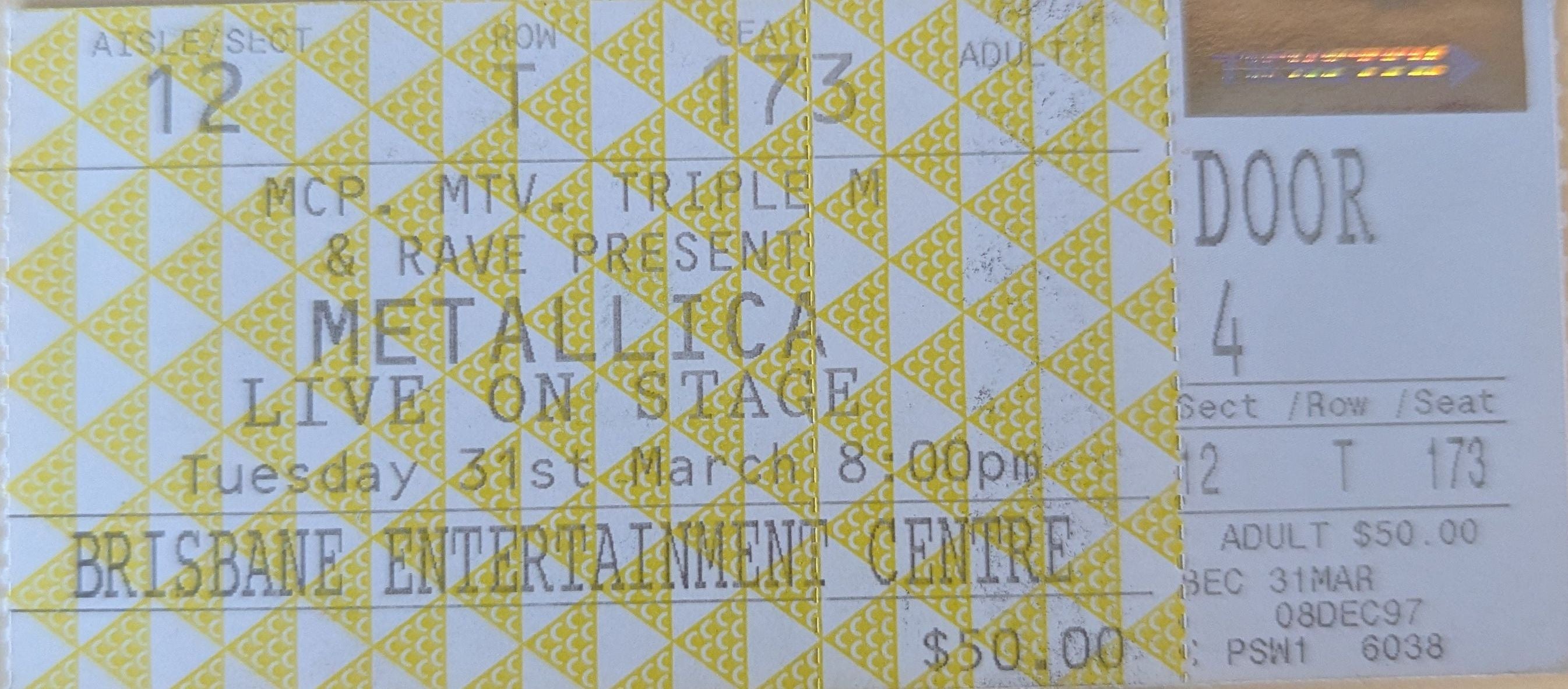 Metallica - 1998 Original Vintage Concert Ticket