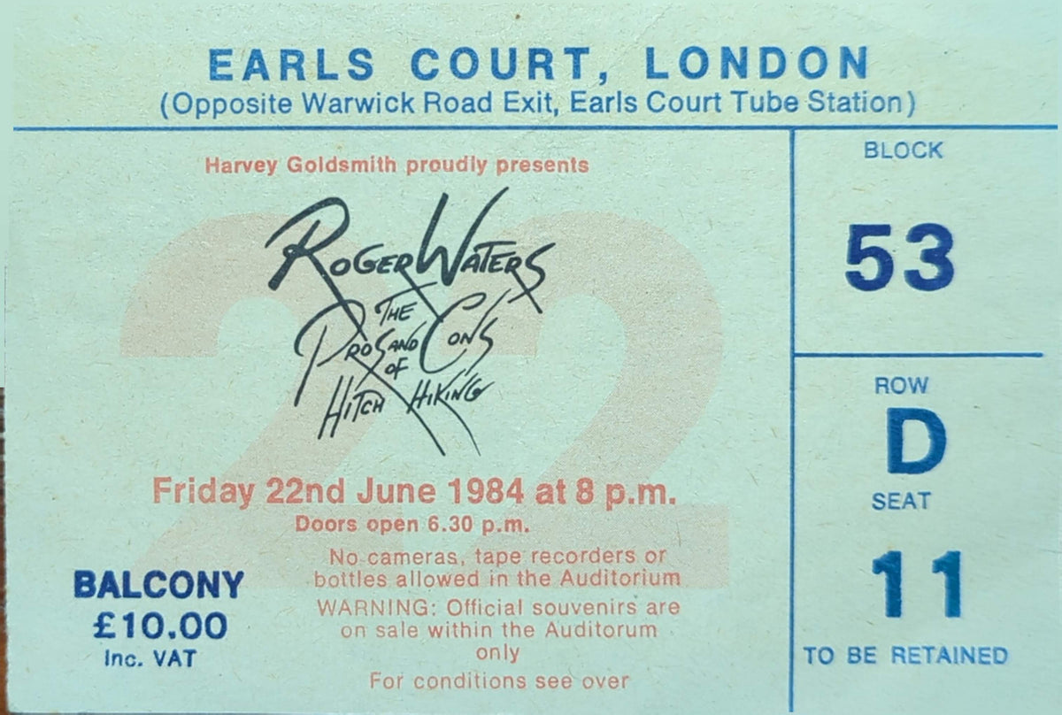 Roger Waters (Pink Floyd) - 1984 Original Vintage Concert Ticket Seat #D11