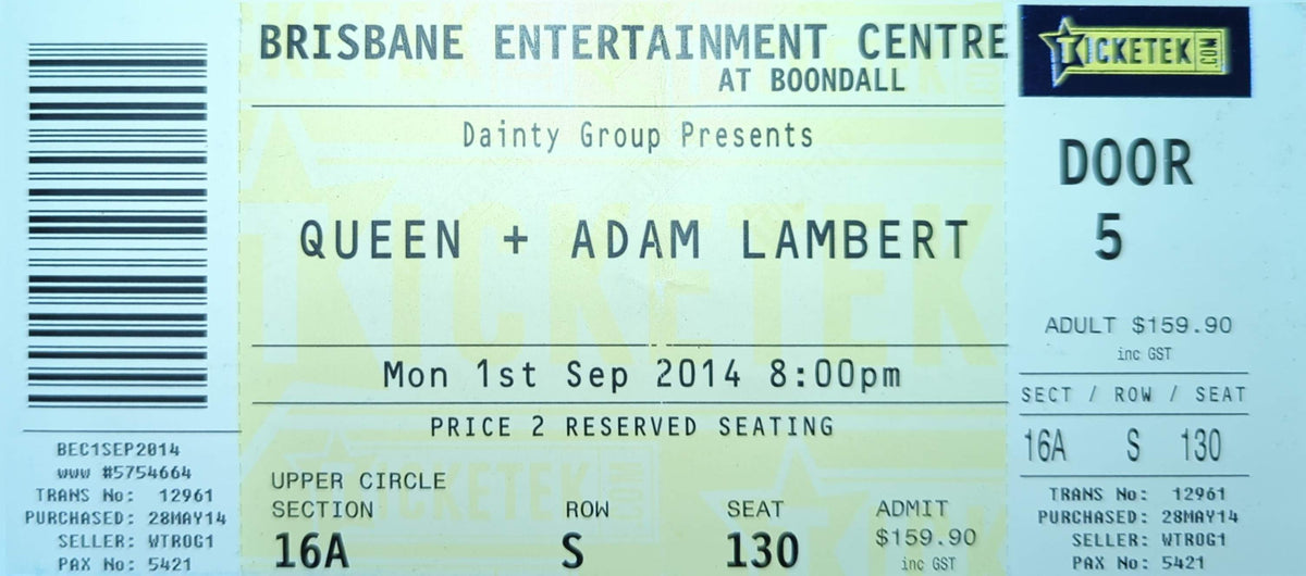 Queen & Adam Lambert - 2014 Original Vintage Concert Ticket Seat #S130