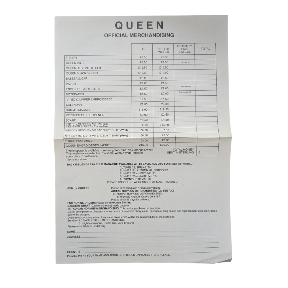 Queen – Set of 3 Original Merchandise Flyers (1980–1985)