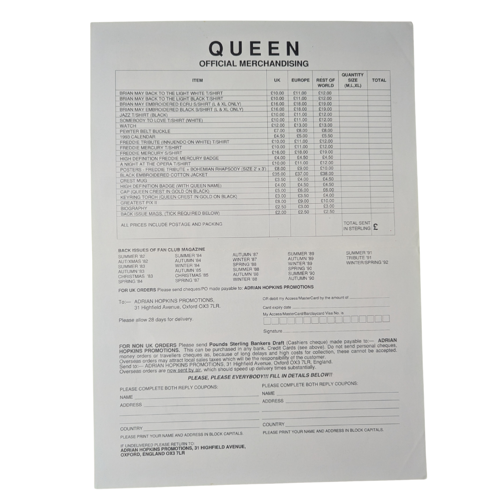 Queen - Official Merchandise Order Sheet Circa 1992