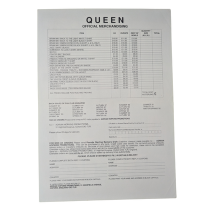 Queen - Official Merchandise Order Sheet Circa 1992