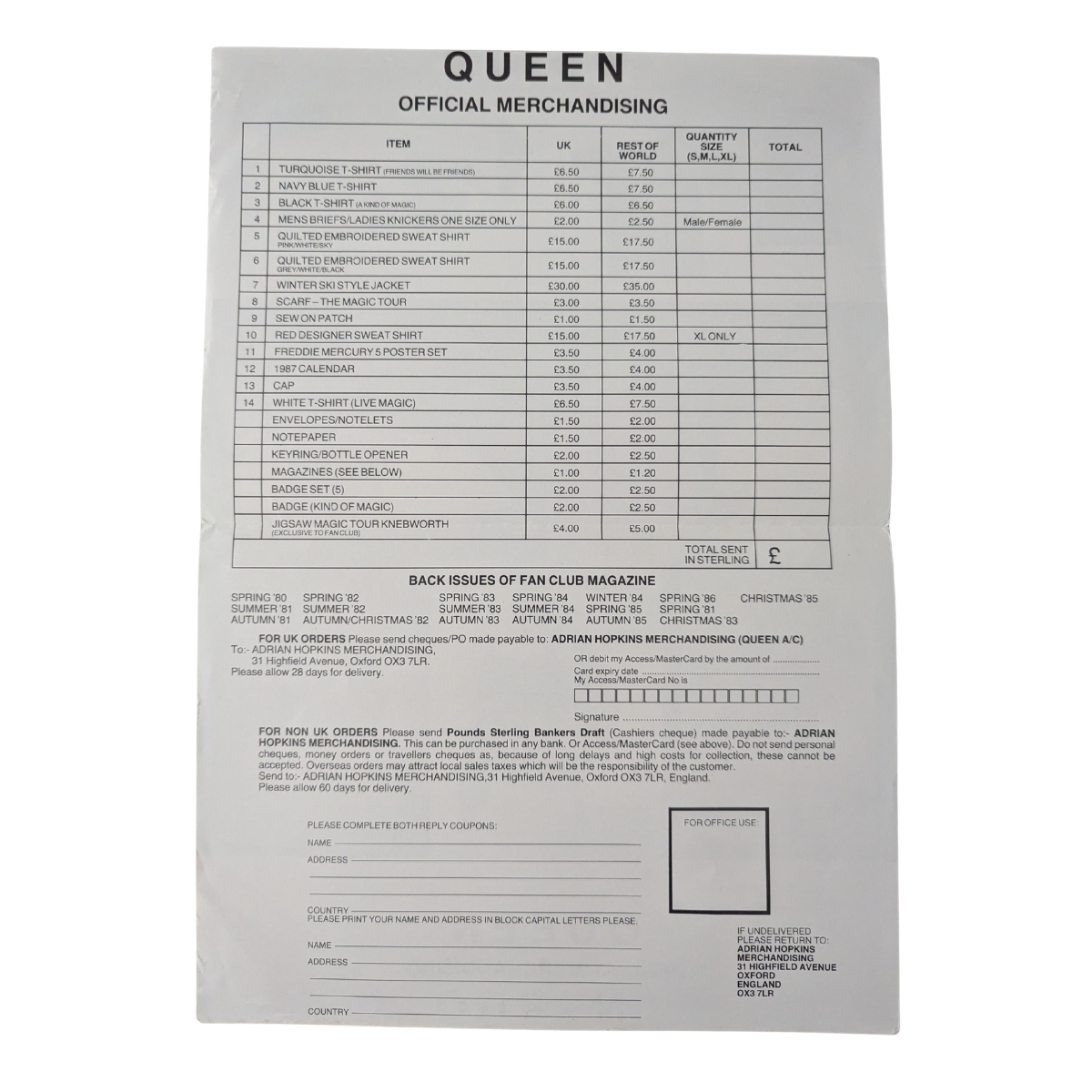 Queen - Official Merchandise Order Sheet Circa 1985
