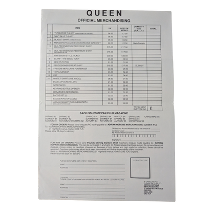 Queen - Official Merchandise Order Sheet Circa 1985