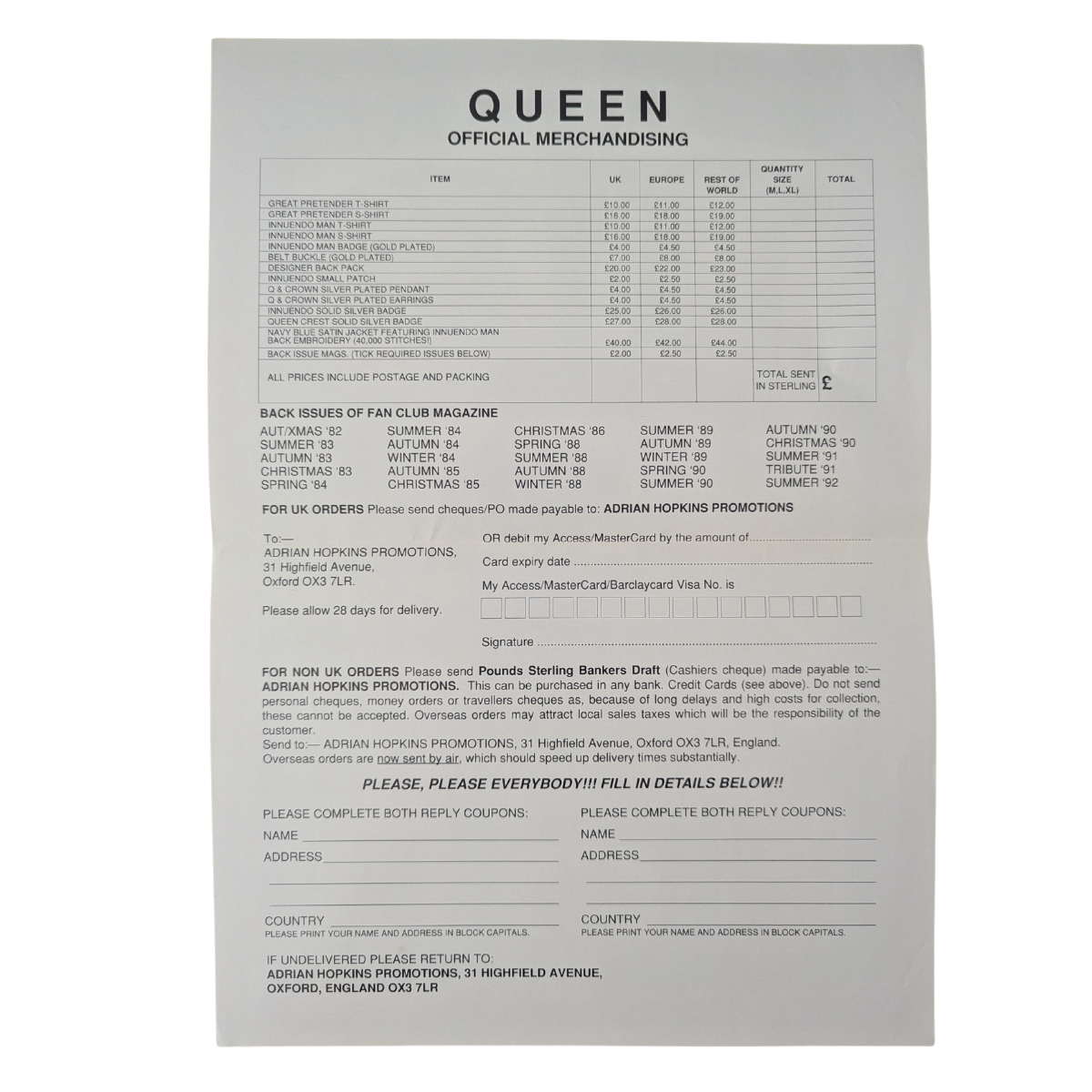 Queen - Official Merchandise Order Sheet Circa 1992 (2)