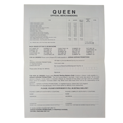 Queen - Official Merchandise Order Sheet Circa 1992 (2)