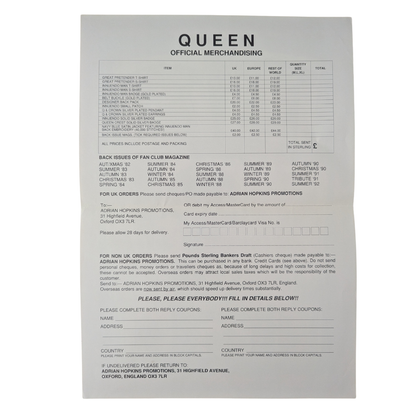 Queen - Official Merchandise Order Sheet Circa 1992 (2)