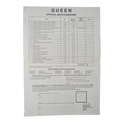 Queen - Official Merchandise Order Sheet Circa 1986