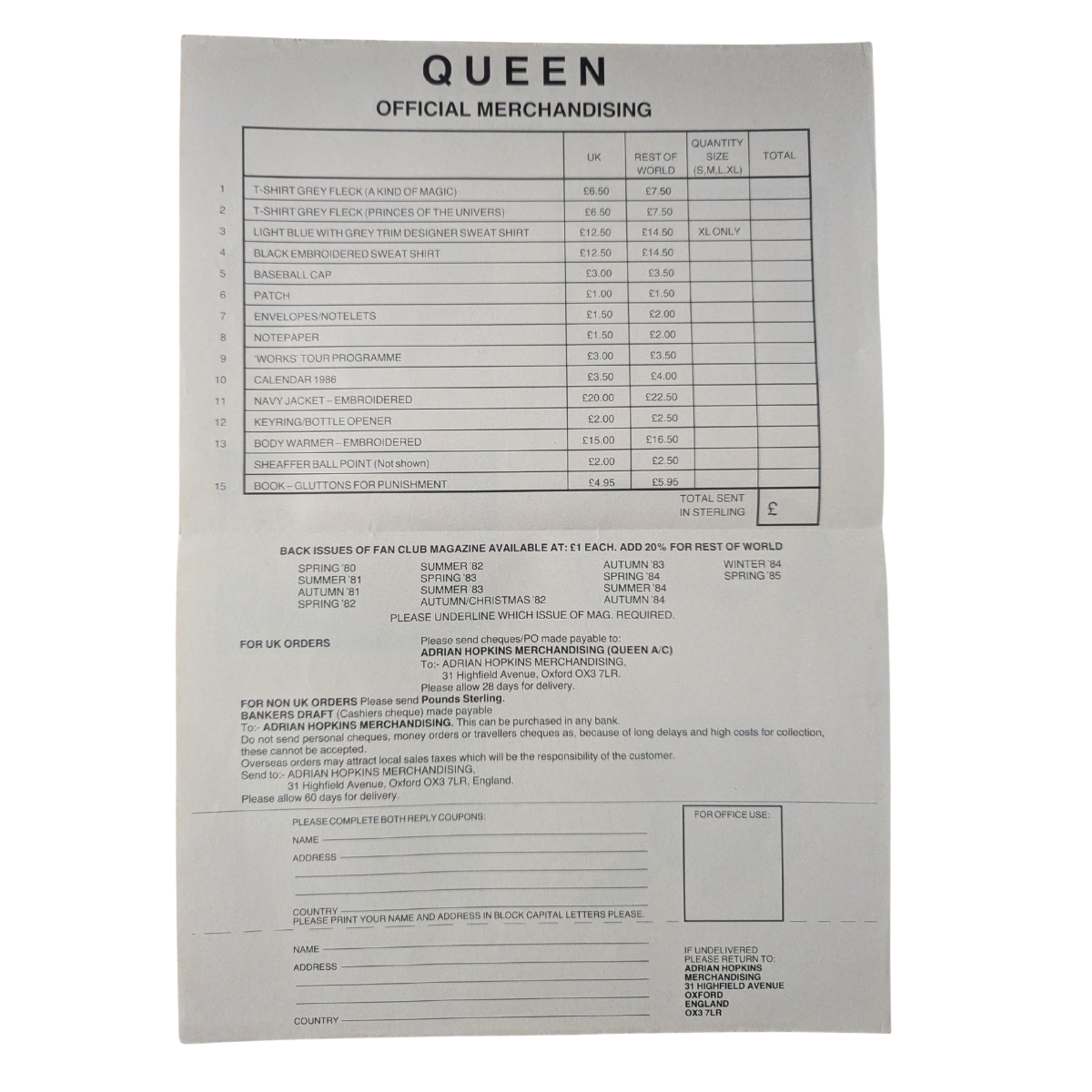 Queen - Vintage Iron-On Transfer & Merchandise Order Circa 1986Sheet